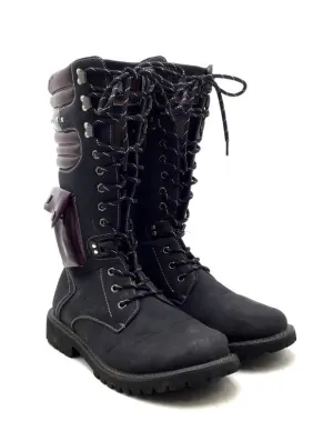 Addax Men's Black Burgundy Mid-Calf Motorcycle Boots - Size 46