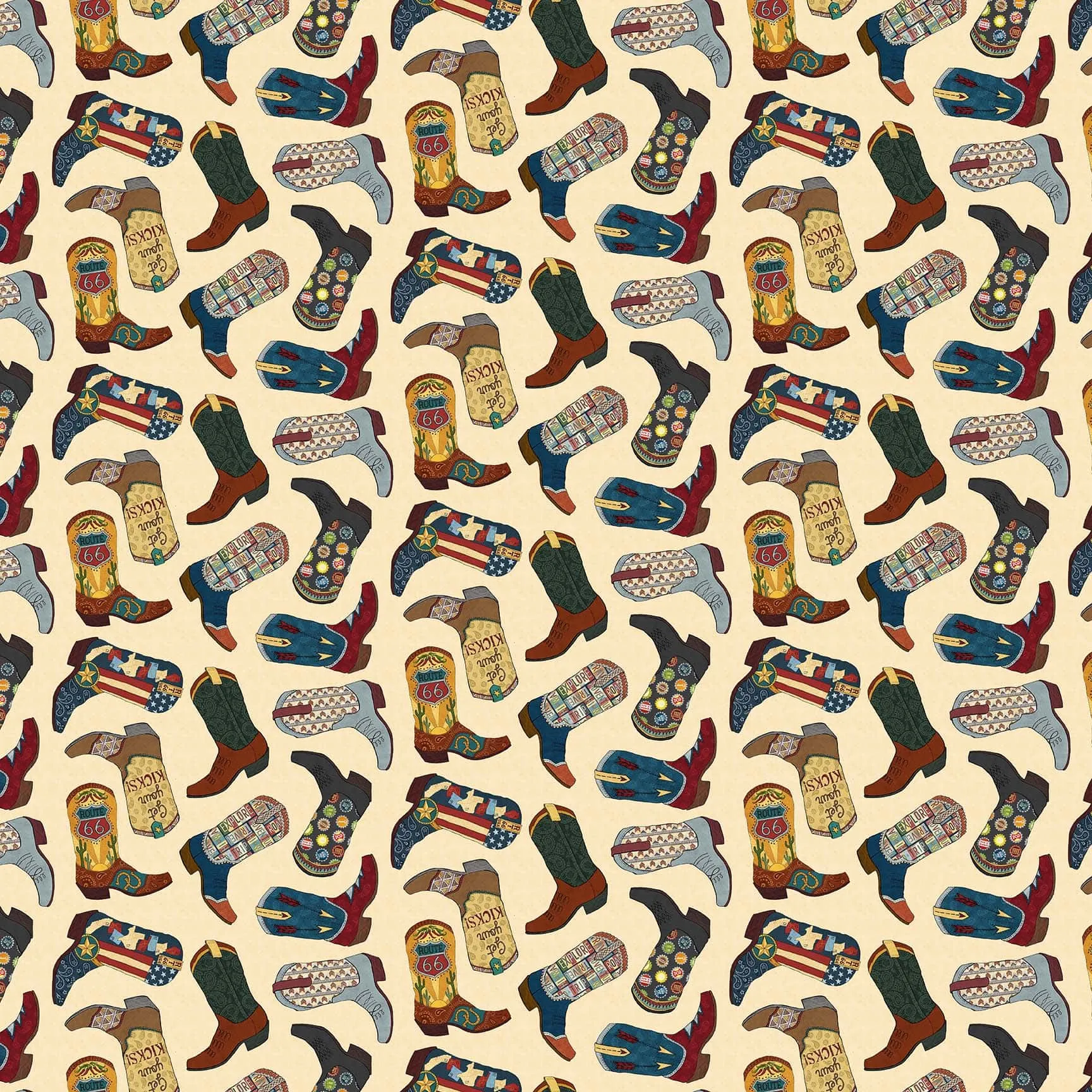 Adventure Awaits Fabric by Blank Quilting, Cowboy Boots, Route 66, Road Trip