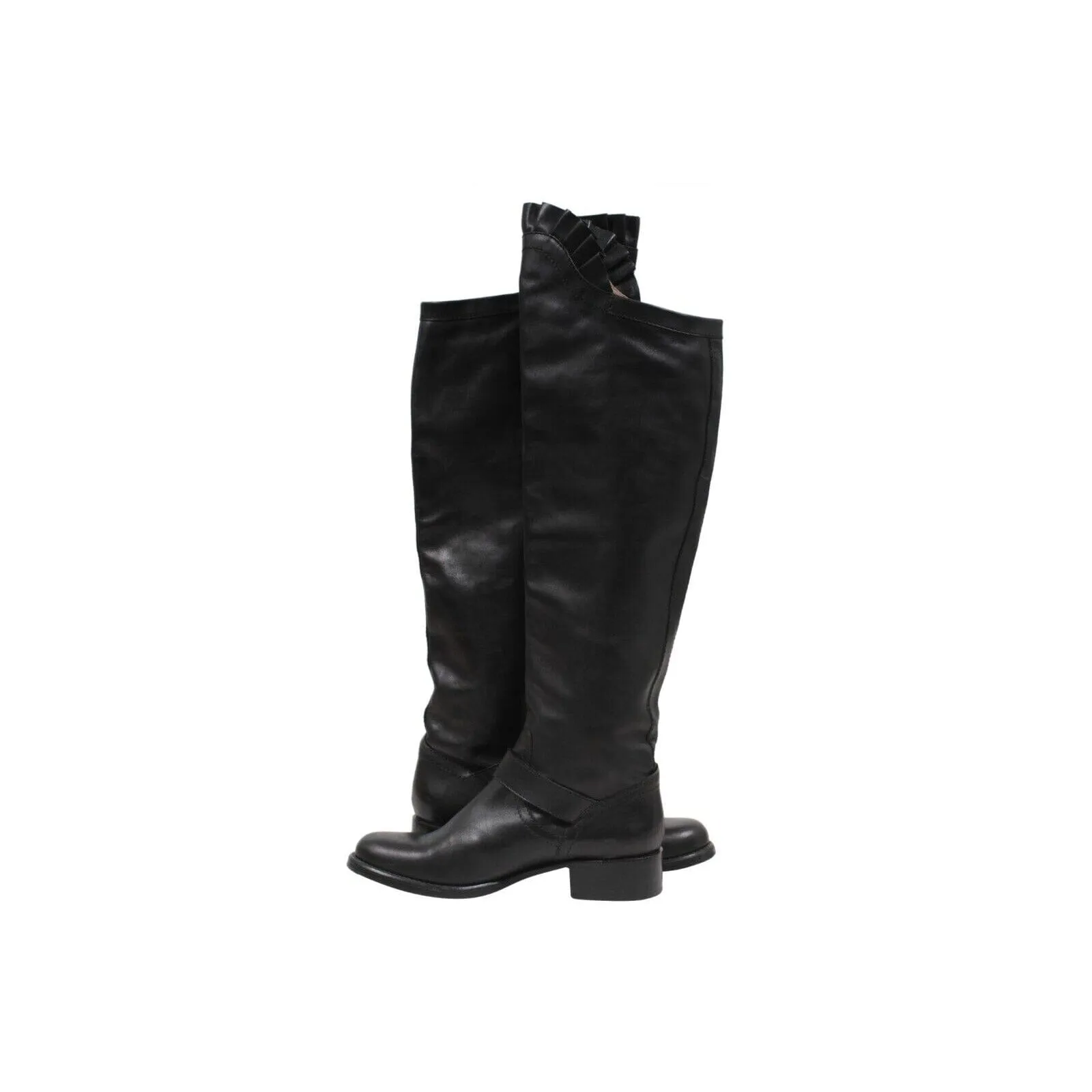 Black Leather Ruffle Top Tall Motorcycle Boots