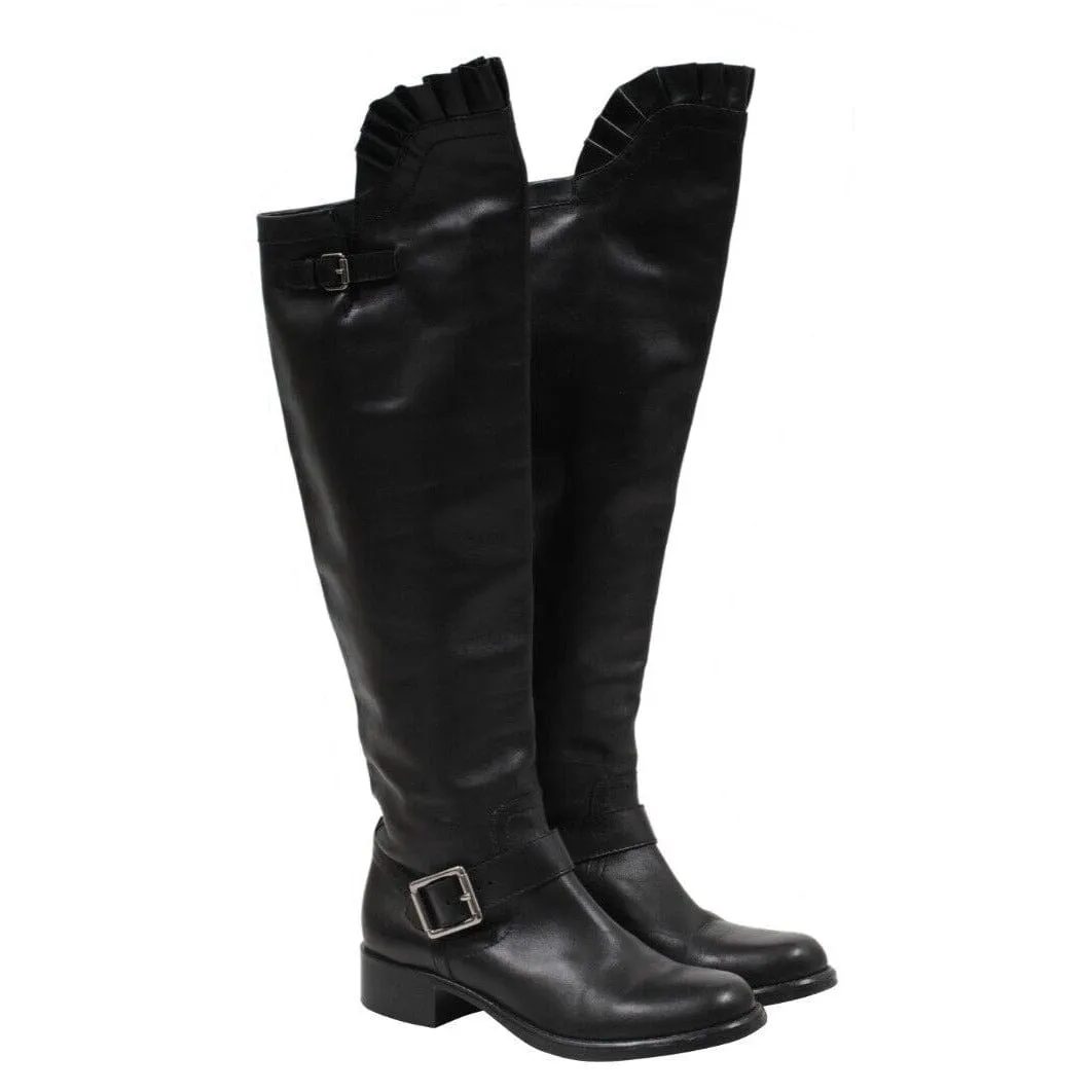 Black Leather Ruffle Top Tall Motorcycle Boots