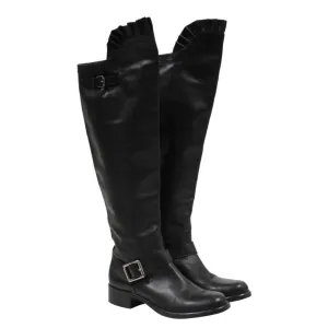 Black Leather Ruffle Top Tall Motorcycle Boots