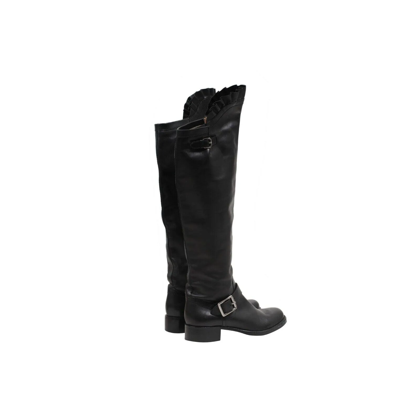 Black Leather Ruffle Top Tall Motorcycle Boots