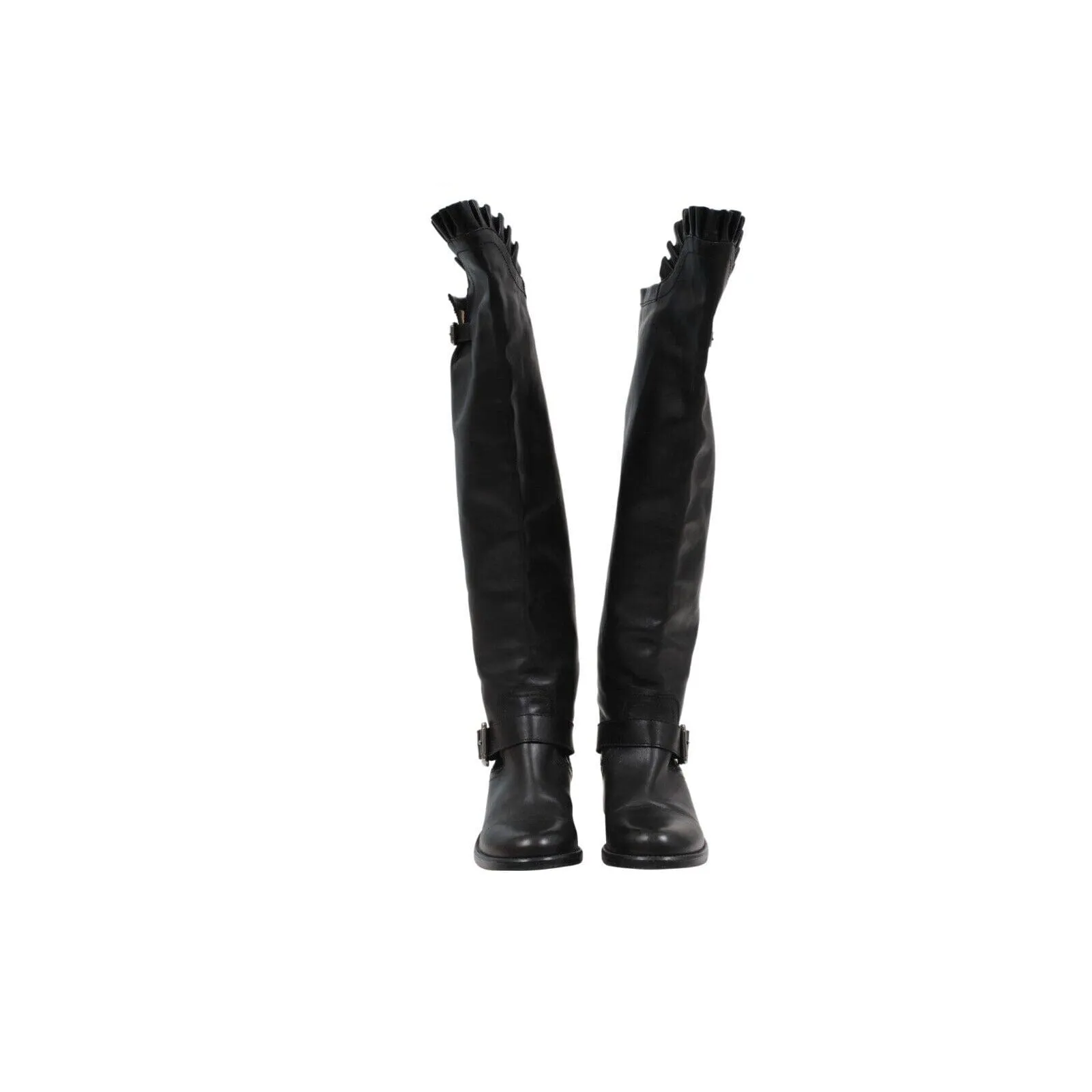 Black Leather Ruffle Top Tall Motorcycle Boots