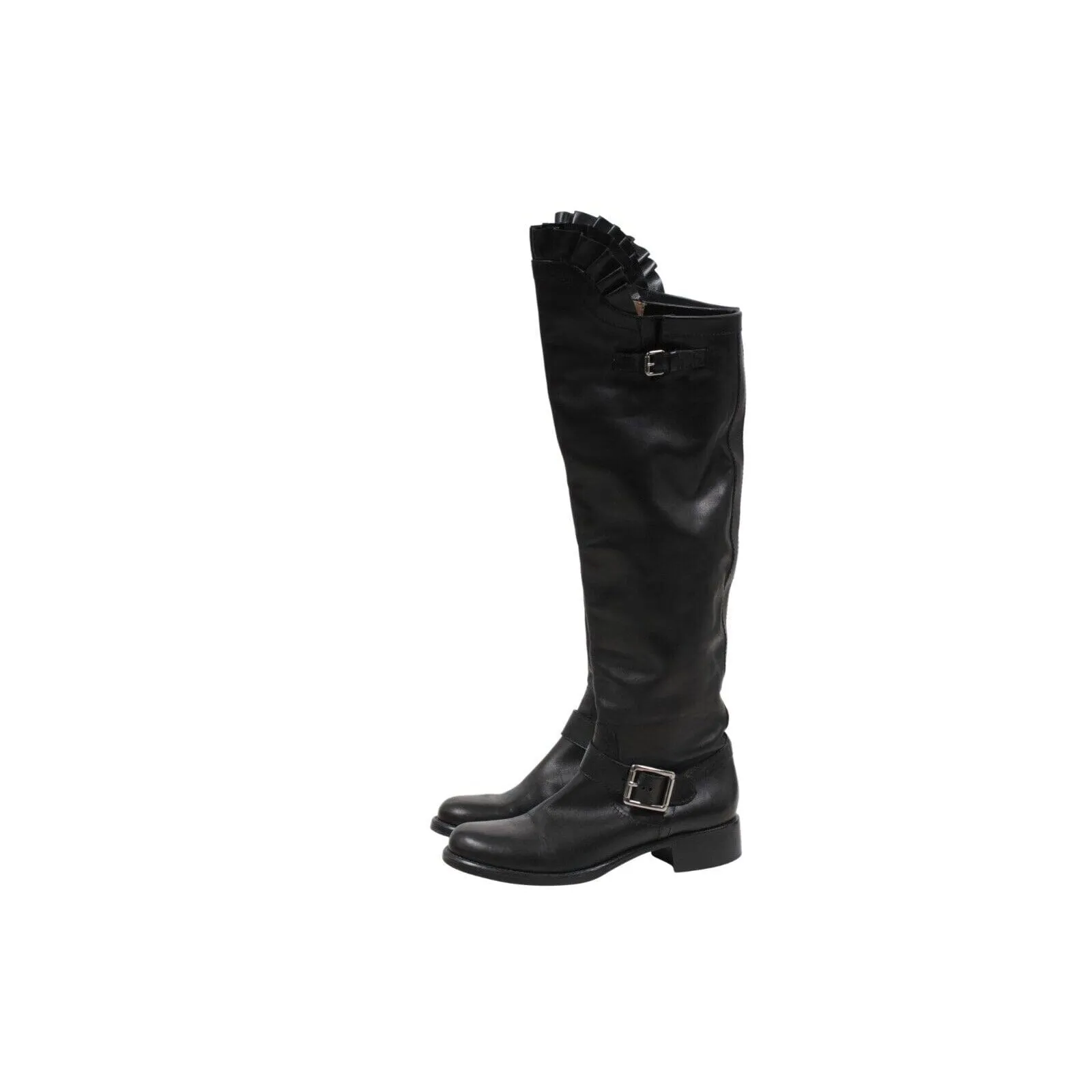 Black Leather Ruffle Top Tall Motorcycle Boots