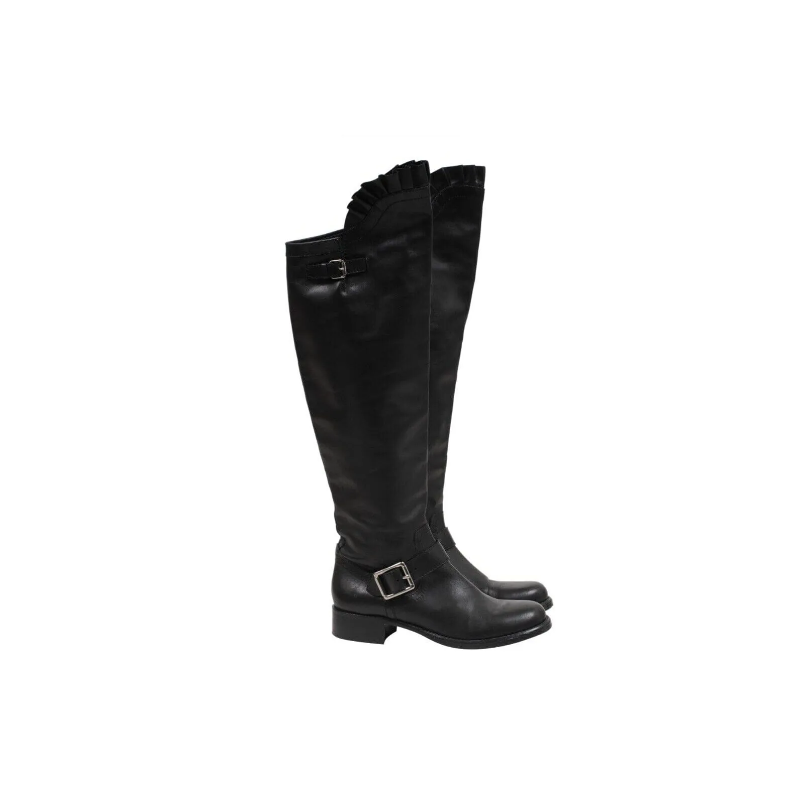 Black Leather Ruffle Top Tall Motorcycle Boots