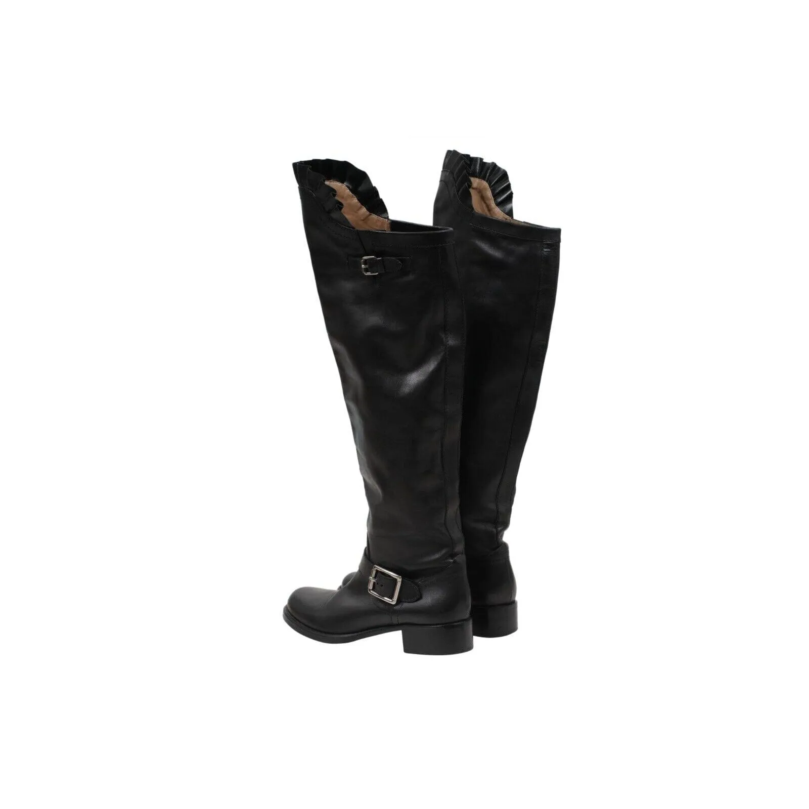 Black Leather Ruffle Top Tall Motorcycle Boots