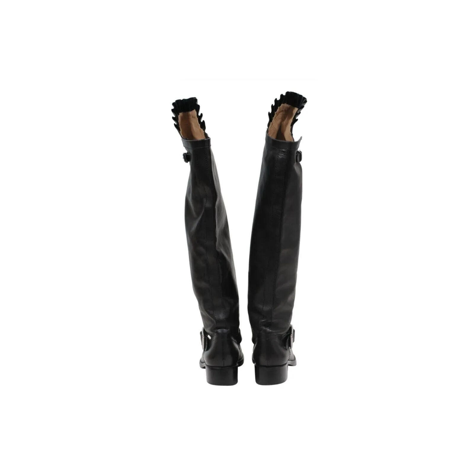 Black Leather Ruffle Top Tall Motorcycle Boots