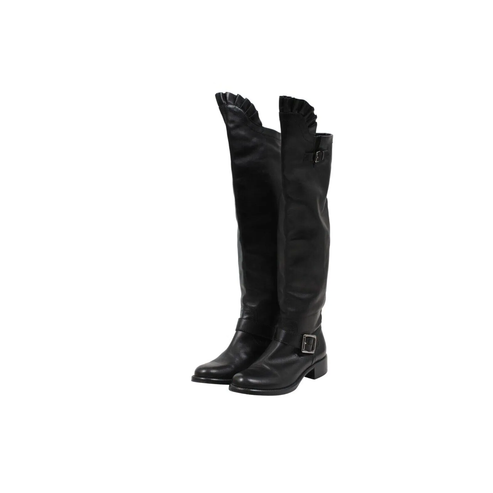 Black Leather Ruffle Top Tall Motorcycle Boots