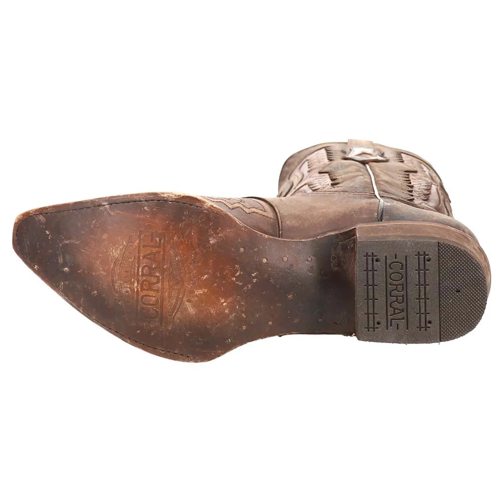 Distressed Tan Eagle Embroidered Snip Toe Pull On Cowboy Boots