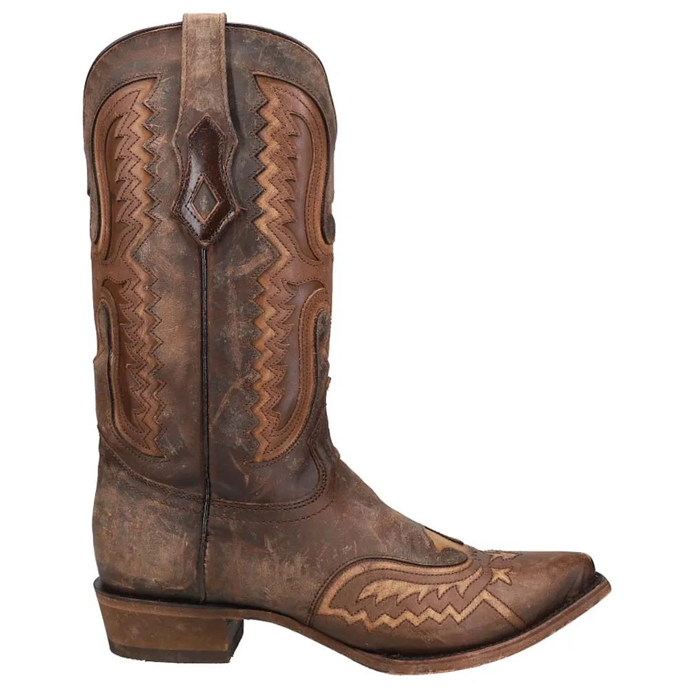 Distressed Tan Eagle Embroidered Snip Toe Pull On Cowboy Boots