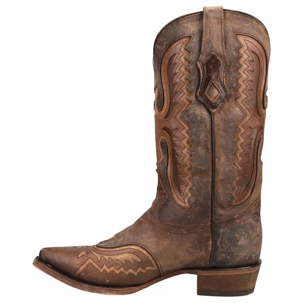 Distressed Tan Eagle Embroidered Snip Toe Pull On Cowboy Boots