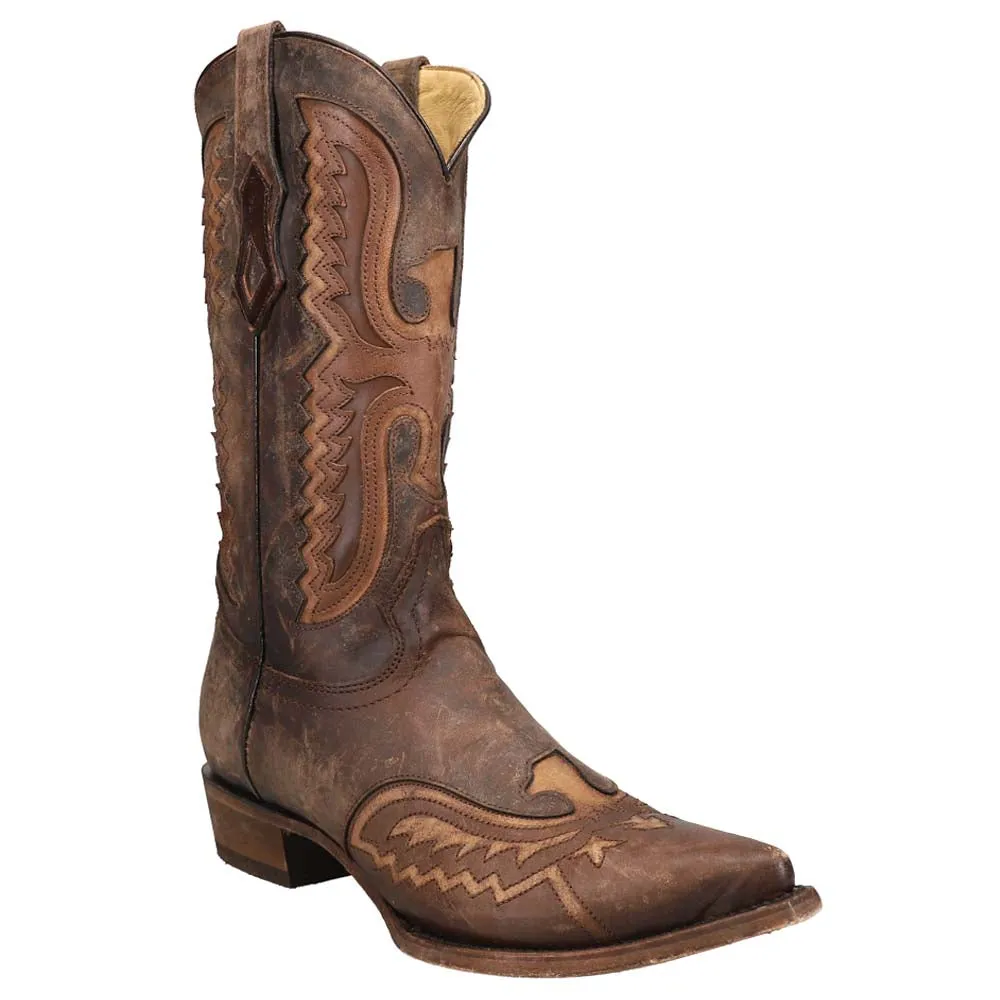 Distressed Tan Eagle Embroidered Snip Toe Pull On Cowboy Boots