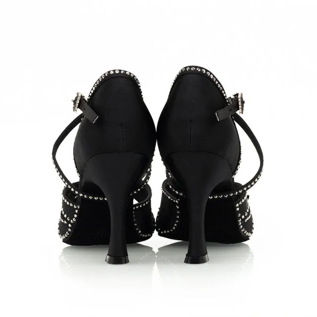 DS Women's Black Satin Customized Heel Ballroom Dance Shoes Latin Dance Shoes