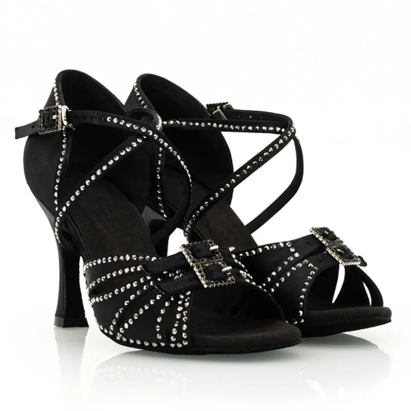 DS Women's Black Satin Customized Heel Ballroom Dance Shoes Latin Dance Shoes