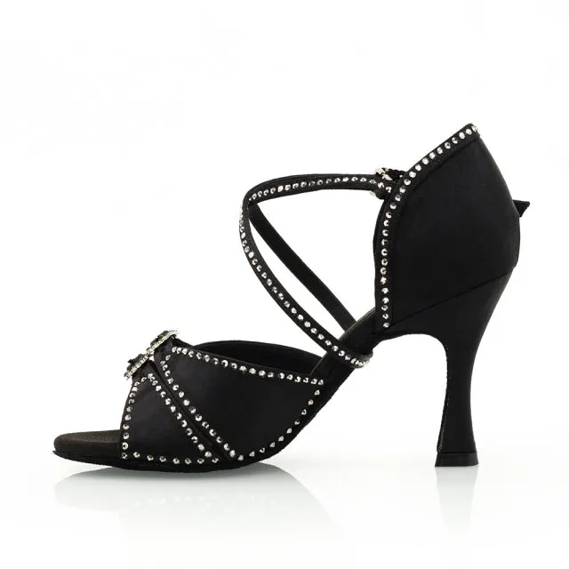DS Women's Black Satin Customized Heel Ballroom Dance Shoes Latin Dance Shoes