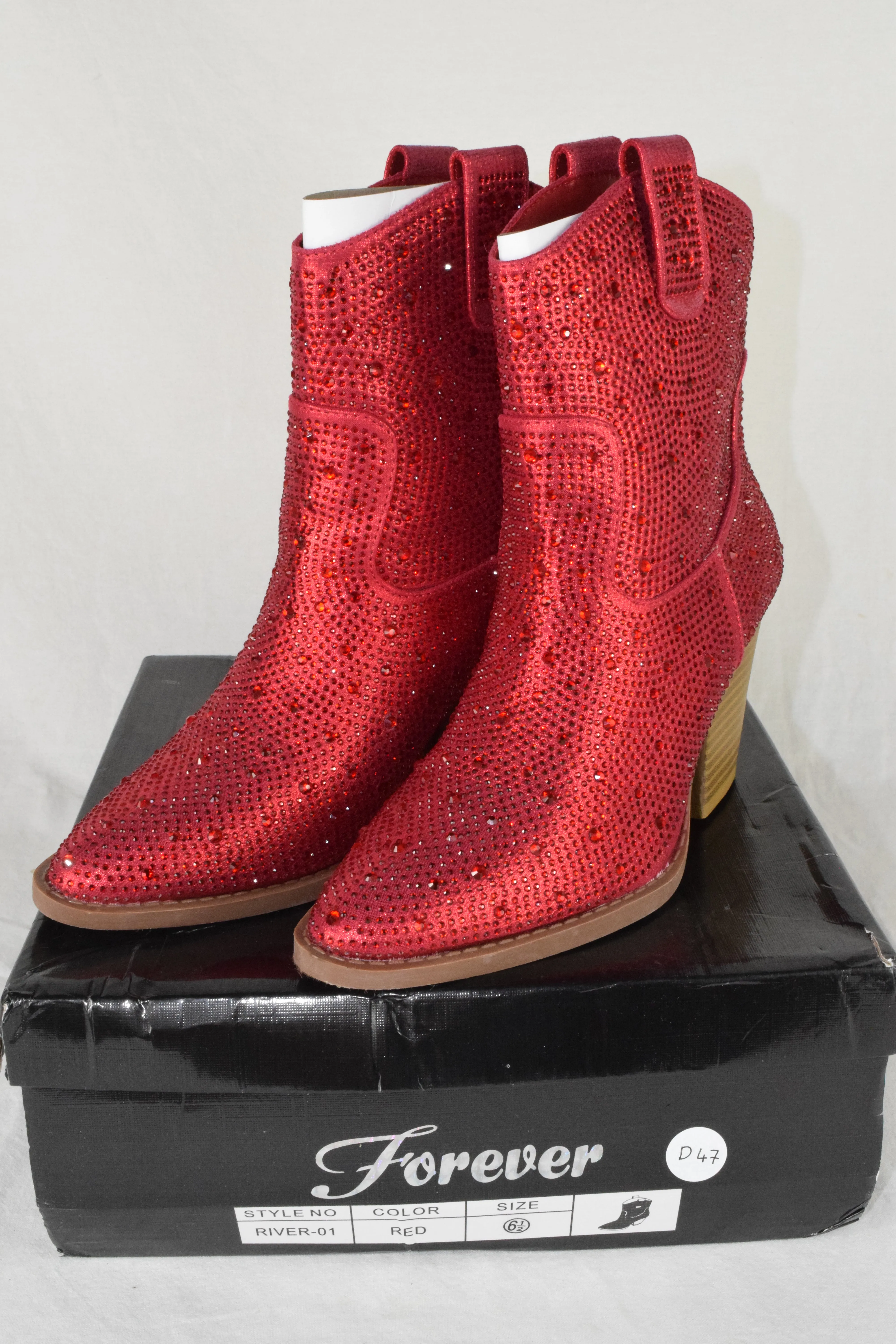 Forever Women Cowboy Western Ankle Boots Rhinestone Bling Booties River Red 6.5