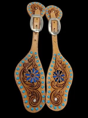 Horse Western Floral Tooled Leather Turquoise Spur Straps 74S01