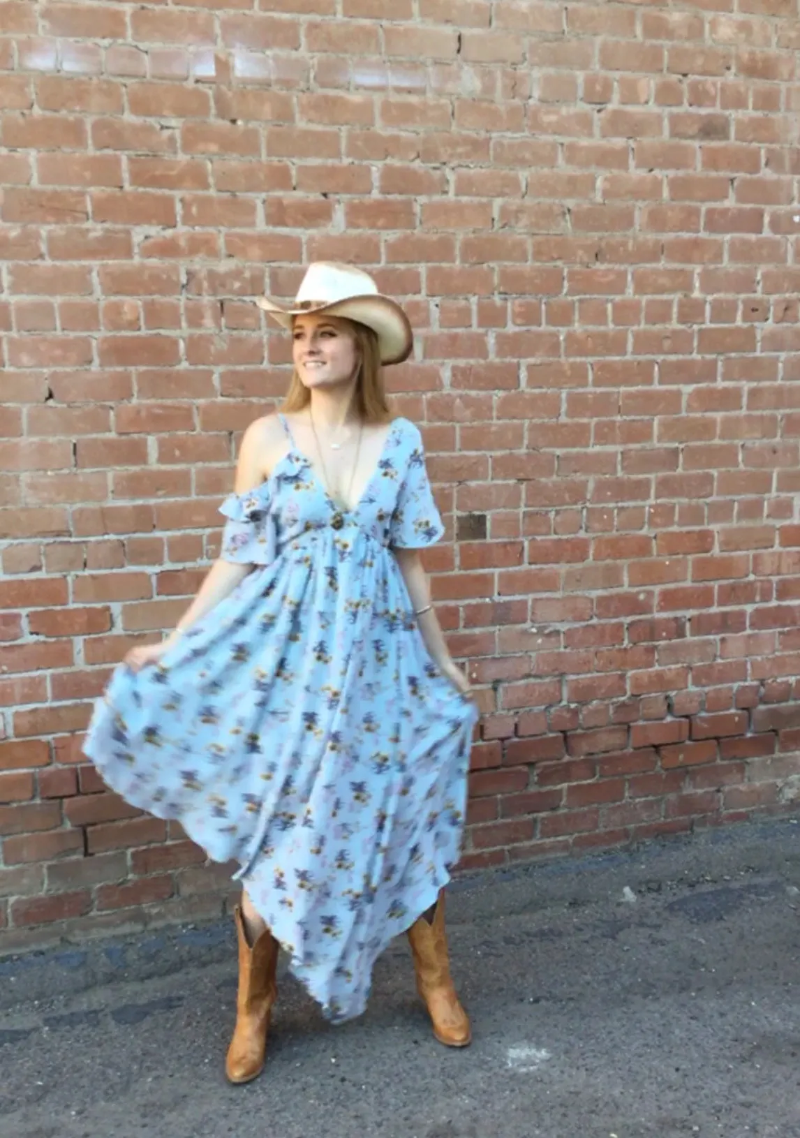 Light Blue with Yellow Flowers Asymmetrical Maxi Dress