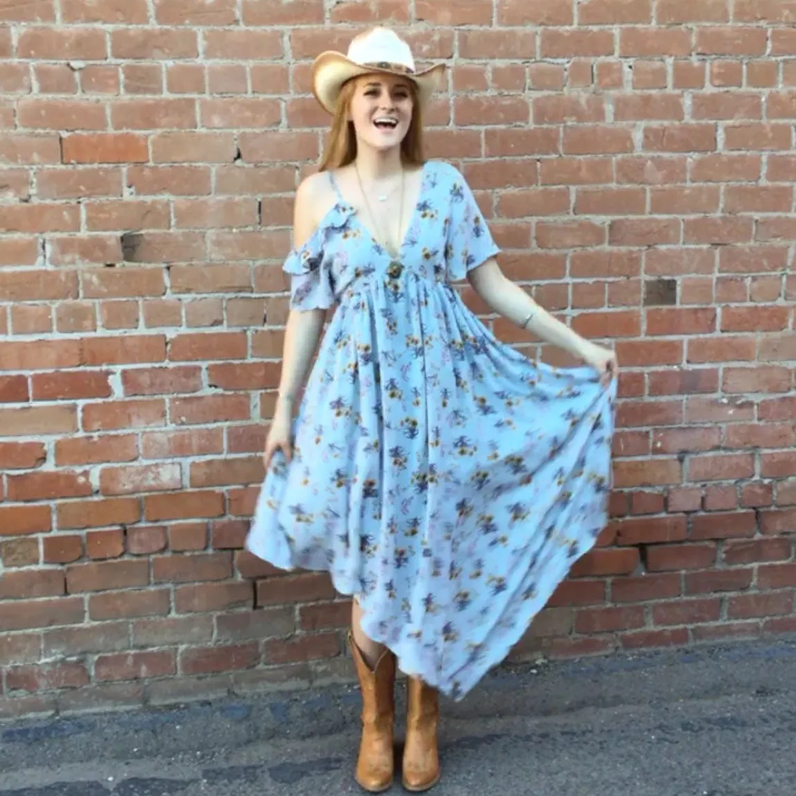 Light Blue with Yellow Flowers Asymmetrical Maxi Dress