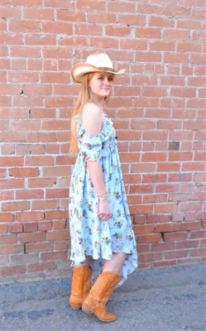 Light Blue with Yellow Flowers Asymmetrical Maxi Dress