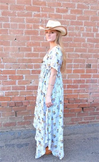 Light Blue with Yellow Flowers Asymmetrical Maxi Dress