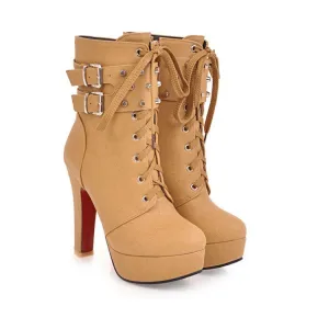 Motorcycle Lace UP Hasp Platform Stiletto High Heels Short Boots