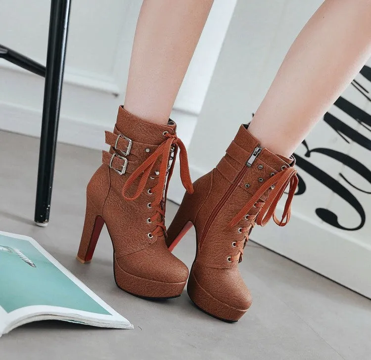 Motorcycle Lace UP Hasp Platform Stiletto High Heels Short Boots