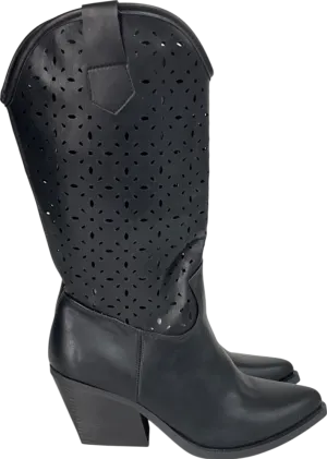 Nasty Gal Black Faux Leather Laser Cut Midi Cowboy Boots UK 6 EU 39 👠