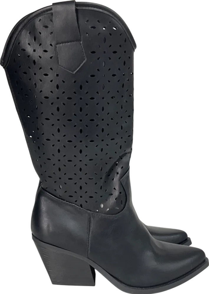 Nasty Gal Black Faux Leather Laser Cut Midi Cowboy Boots UK 6 EU 39 👠