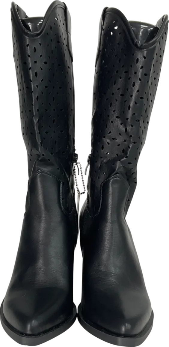 Nasty Gal Black Faux Leather Laser Cut Midi Cowboy Boots UK 6 EU 39 👠