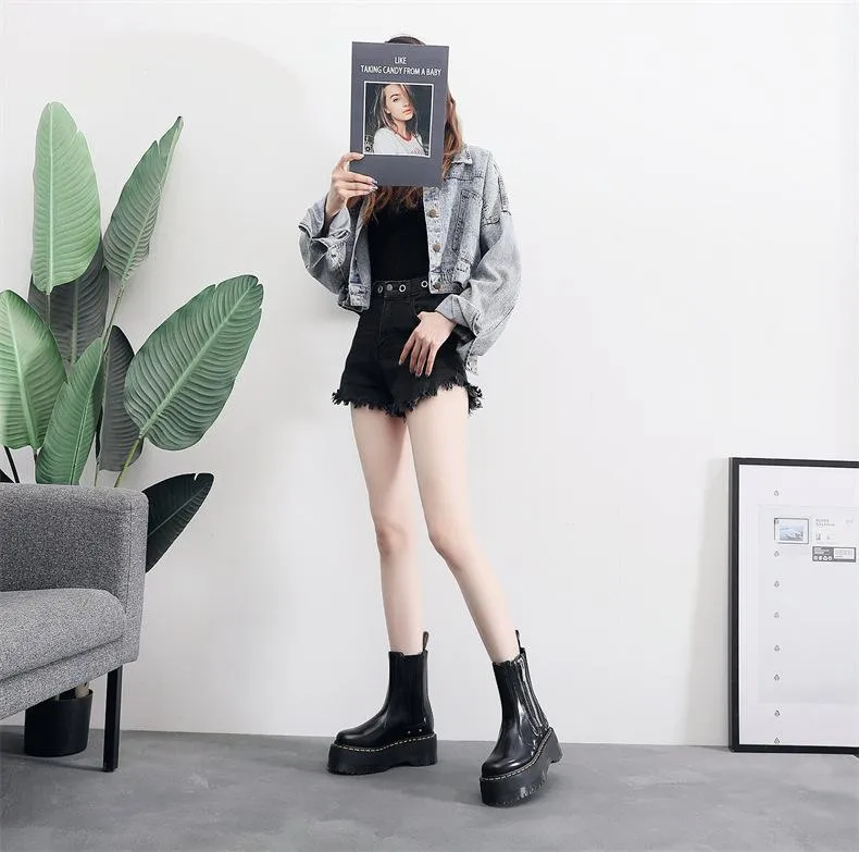 PEOPLETERRITORY Aberdeen 2976 Chelsea boots women's platform motorcycle boots women's British leather short boots muffin bottom side zipper