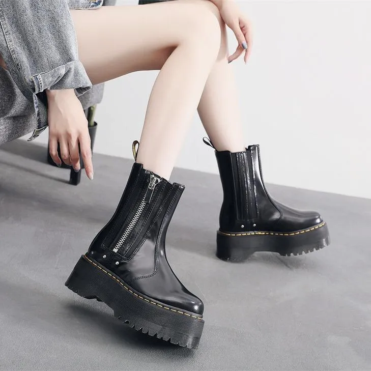 PEOPLETERRITORY Aberdeen 2976 Chelsea boots women's platform motorcycle boots women's British leather short boots muffin bottom side zipper
