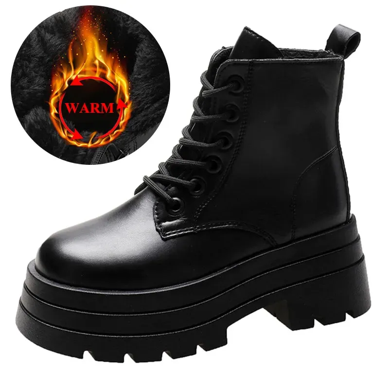 Punk Boots Women Chunky Platform Ankle Boots Autumn Winter Waterproof Warm Motorcycle Botas Woman Thick Bottom Short Plush Shoes