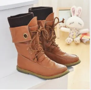 Roman Motorcycle Round Toe Plat Lace Up Short Boots