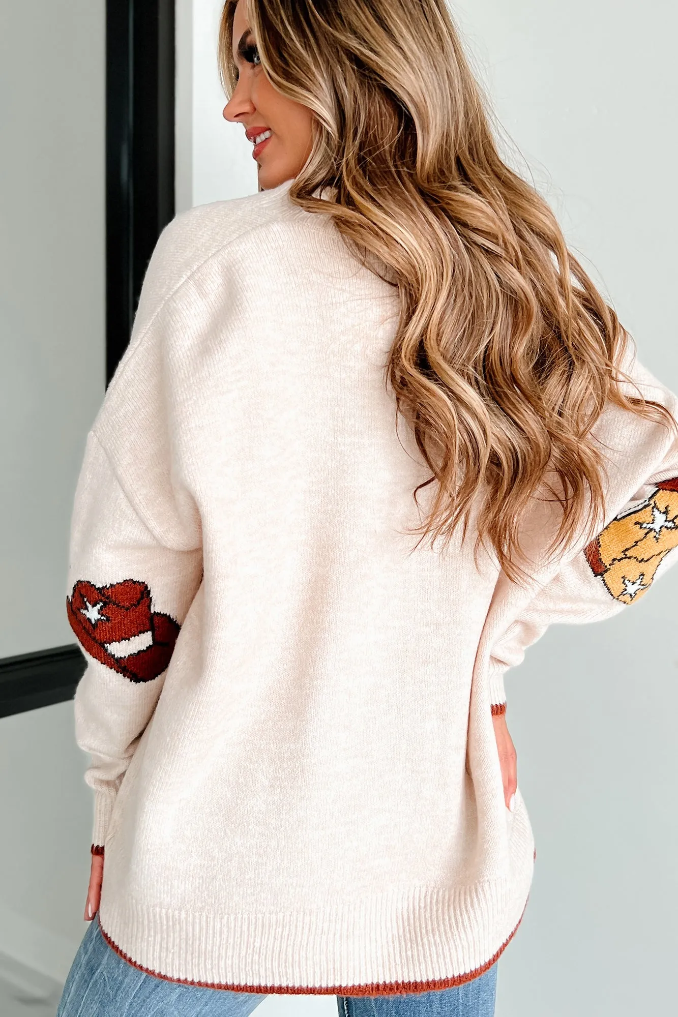 Southern Surprise Boots & Hat Elbow Patched Cardigan (Beige/Brown)