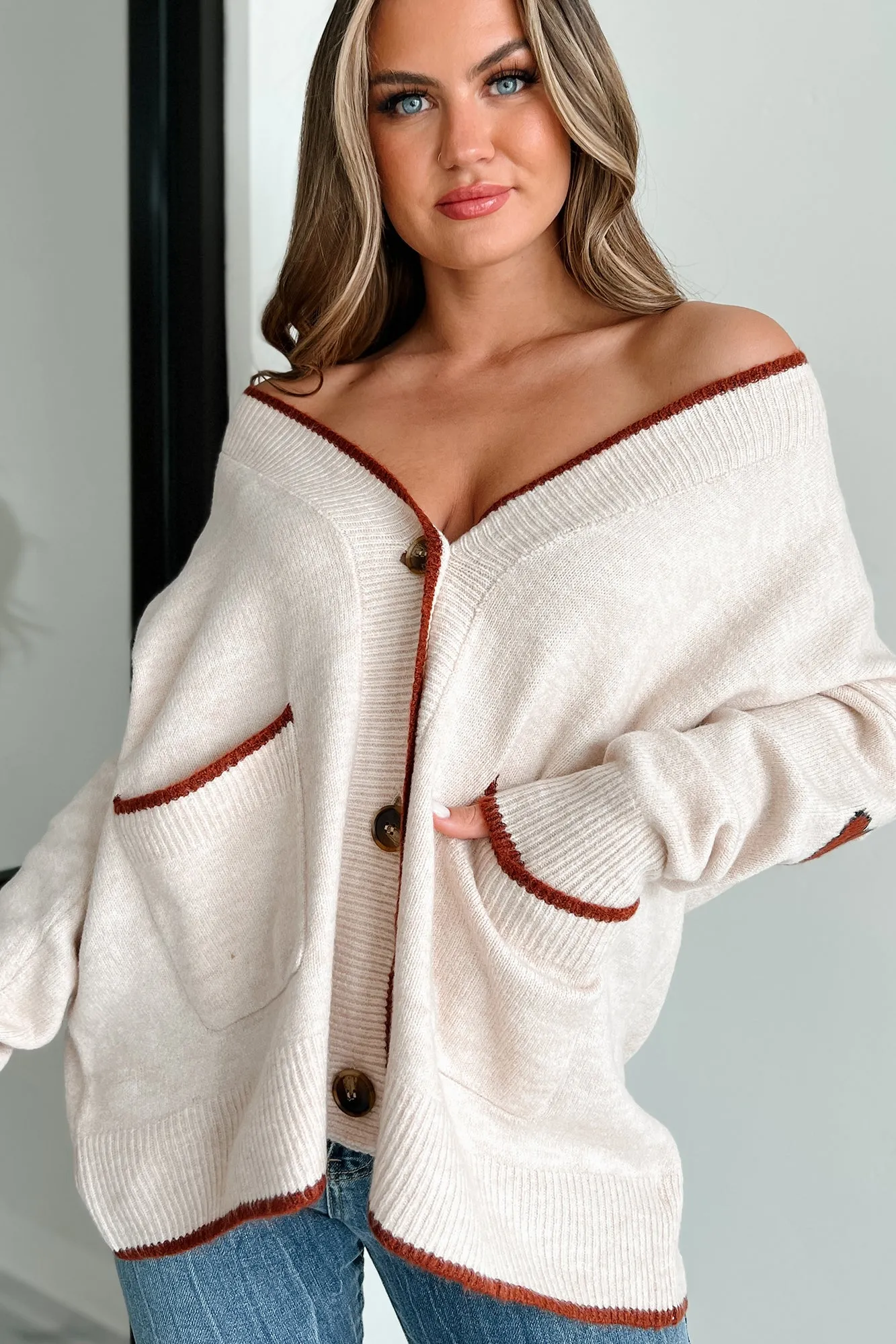 Southern Surprise Boots & Hat Elbow Patched Cardigan (Beige/Brown)