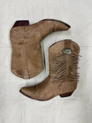 Tan w/ Turquoise Concho Fringe Cowboy Boots