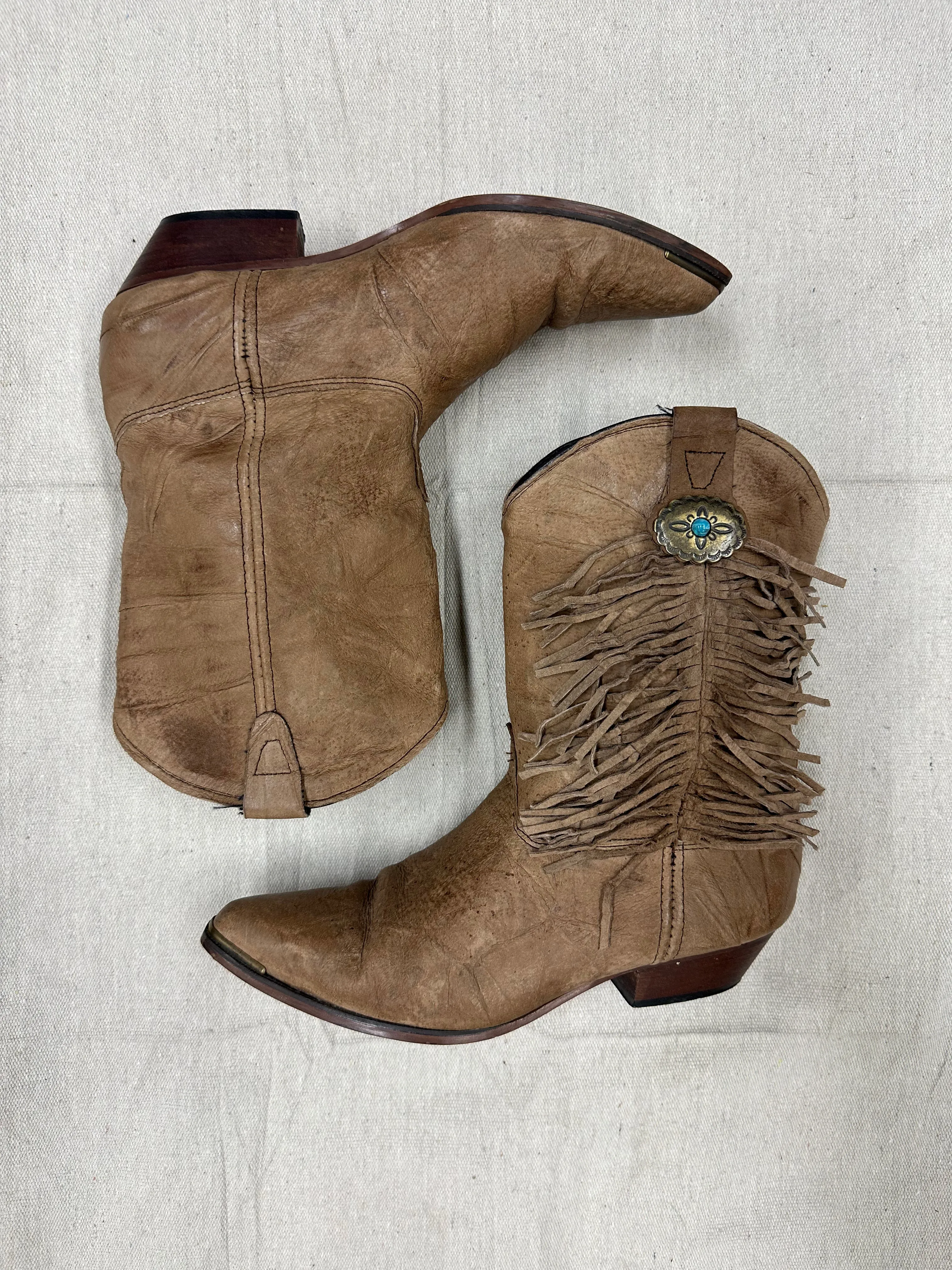 Tan w/ Turquoise Concho Fringe Cowboy Boots