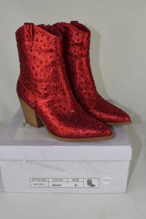 Top Moda Women Ankle Boots High Heel Bling Glitter Booties cowboy NAPLES Red 5.5