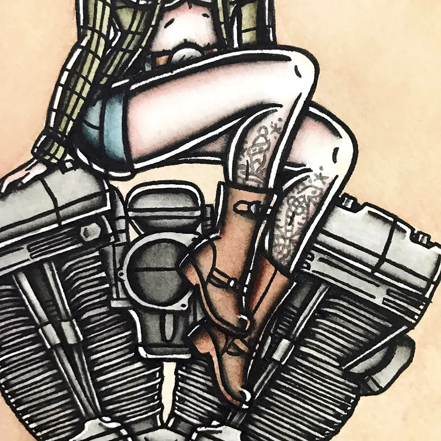 Twin Cam Engine Pinup Original Painting