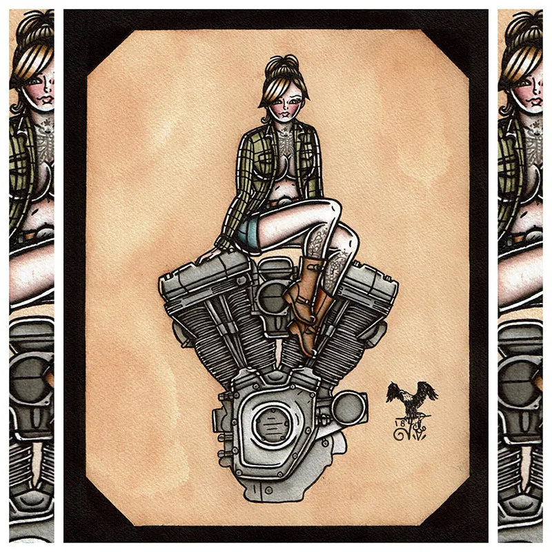 Twin Cam Engine Pinup Original Painting