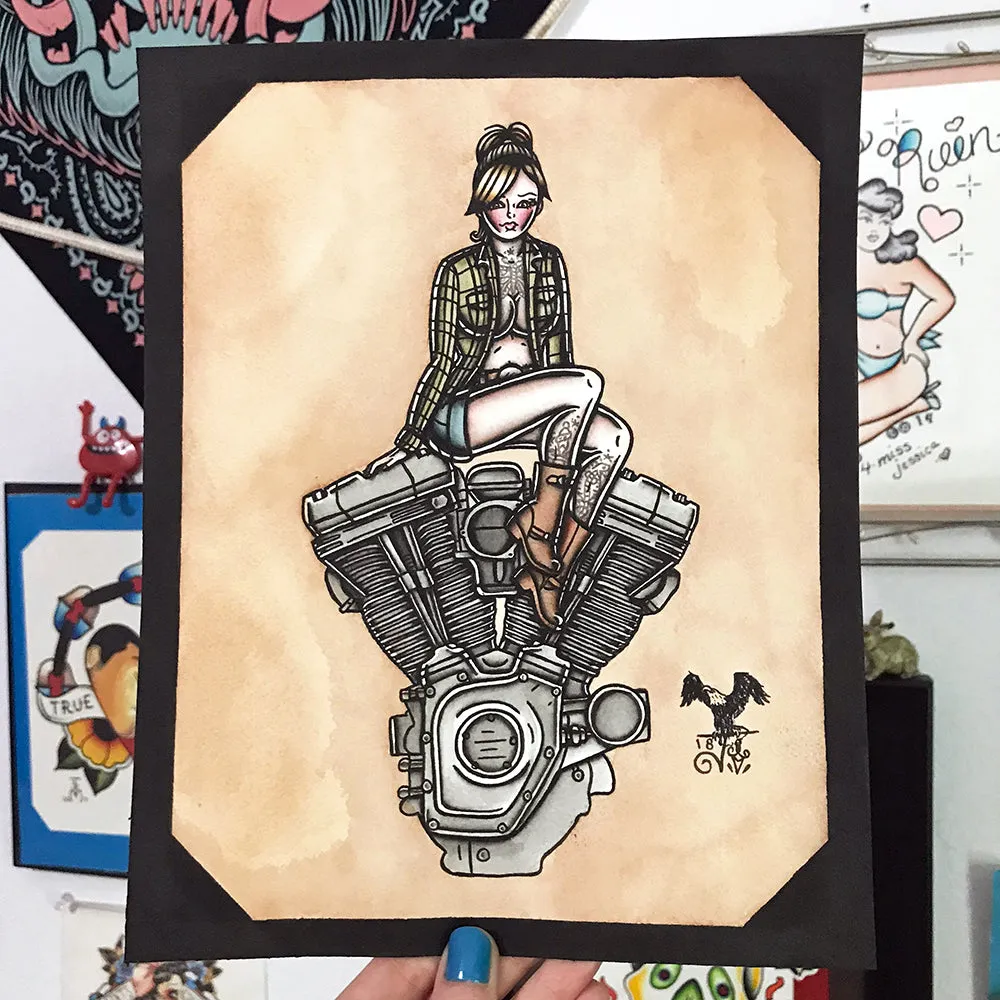 Twin Cam Engine Pinup Original Painting