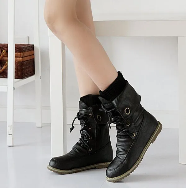 Warm Roman Motorcycle Round Toe Plat Lace Up Short Boots