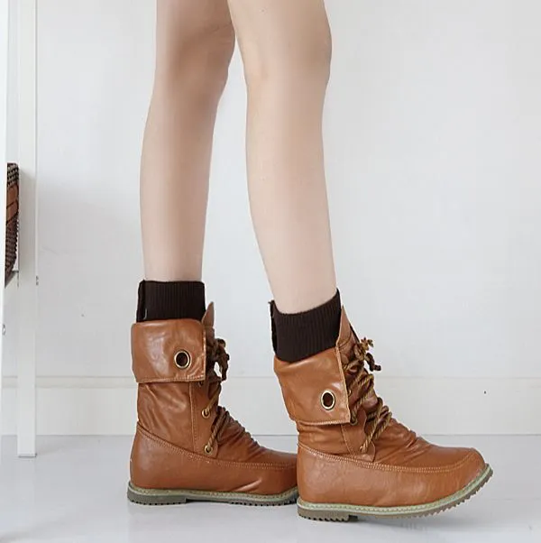 Warm Roman Motorcycle Round Toe Plat Lace Up Short Boots