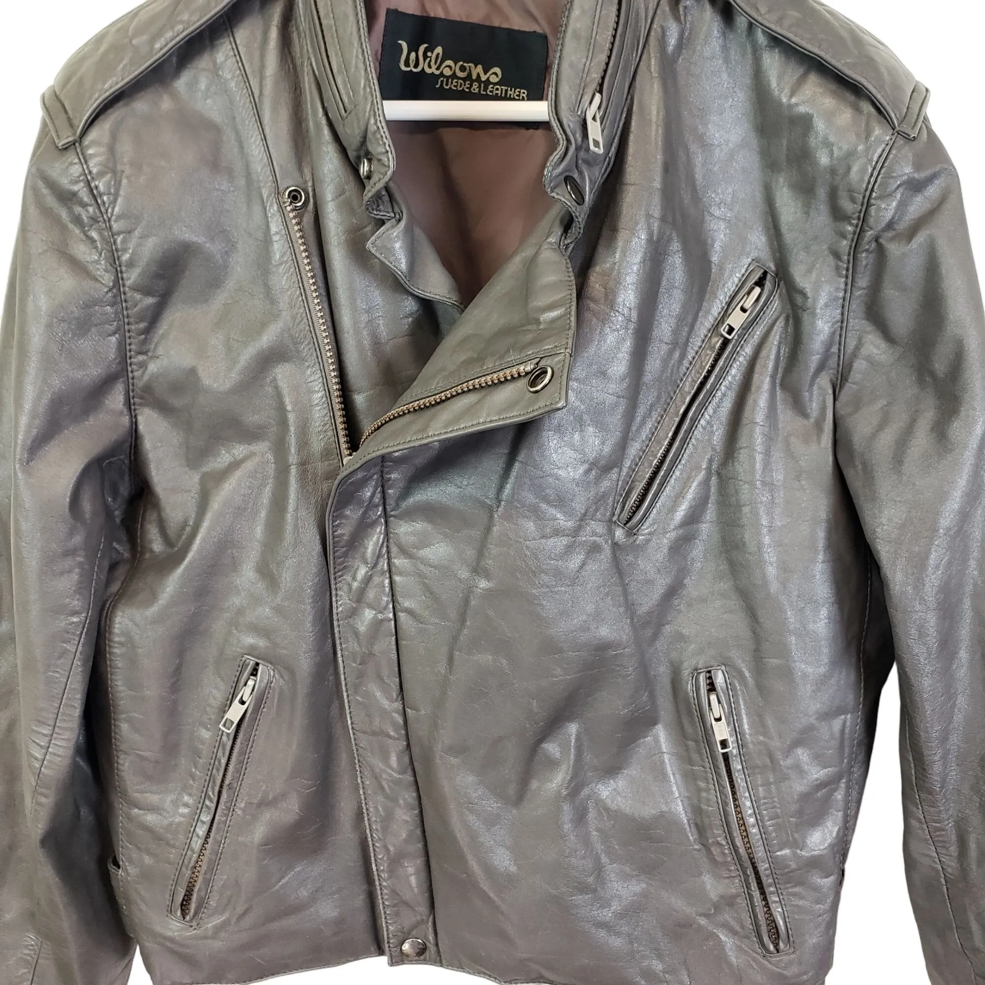 Wilsons Leather Gray Asymmetrical Zip Moto Jacket Size Small (est)