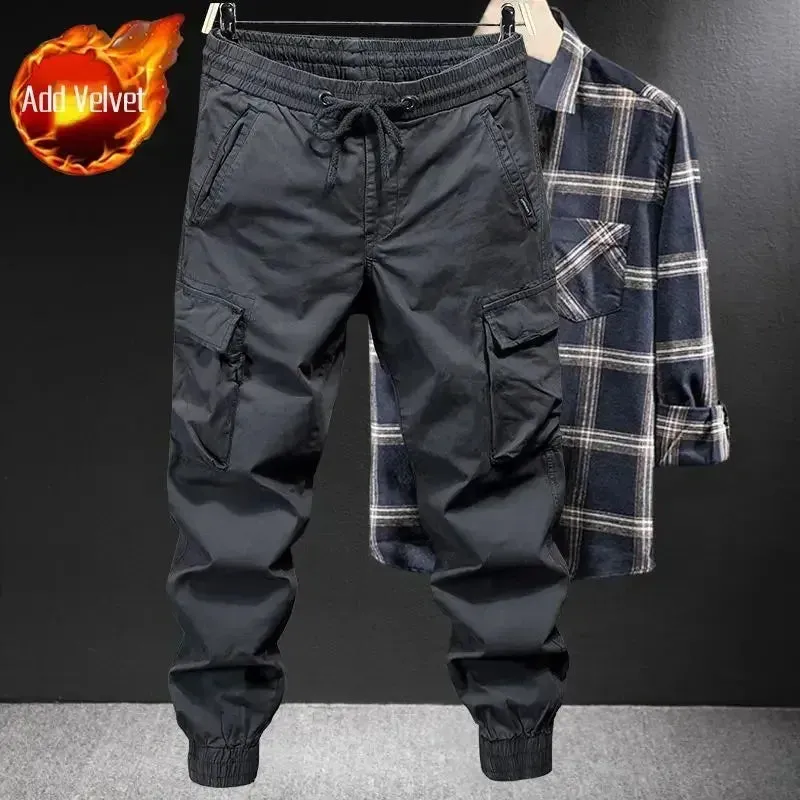 Winter Motorcycle Cargo Pants for Men - Black Fleece-lined Outdoor Biker Trousers, Plus Size, High-Quality Designer